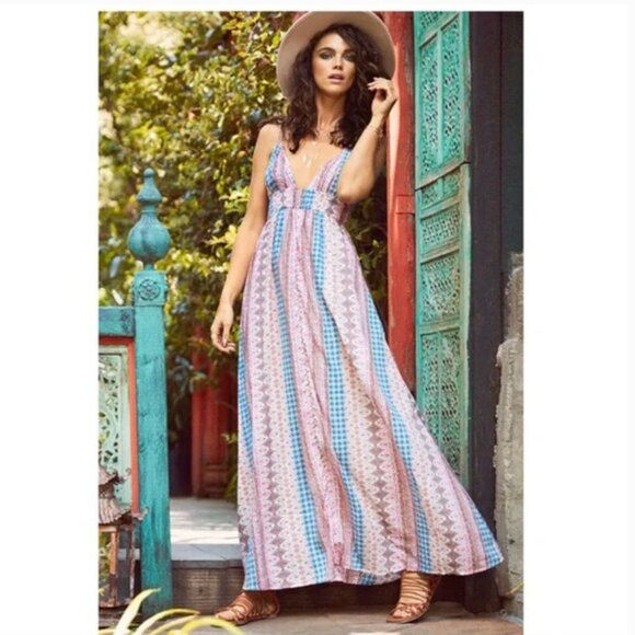 LuLus Maxin Relaxin Maxi Dress Colorful Multi Print Boho Empire Waist Sz S - Picture 1 of 14